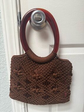 Brown Crochet Handbag with plastic-Style Handles